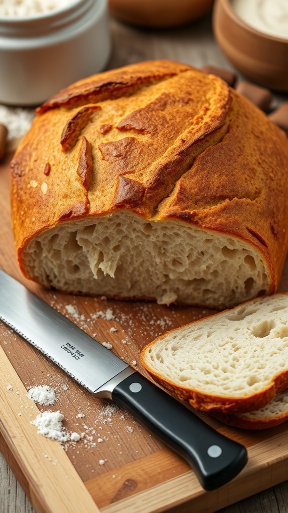 A golden-brown loaf of sourdough bread on a cutting board with slices cut, showcasing its texture.